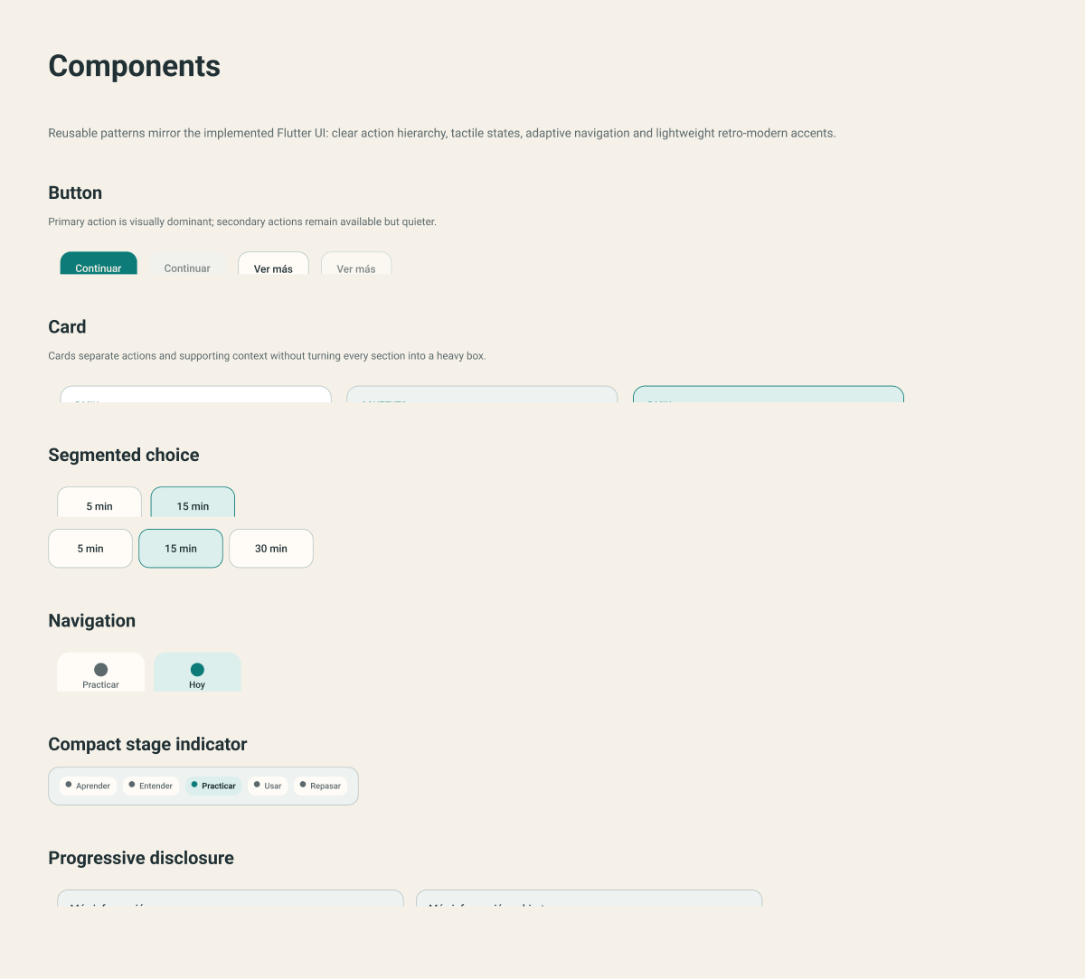 Integration Companion reusable buttons, cards, choices, navigation, stage indicator and progressive disclosure components