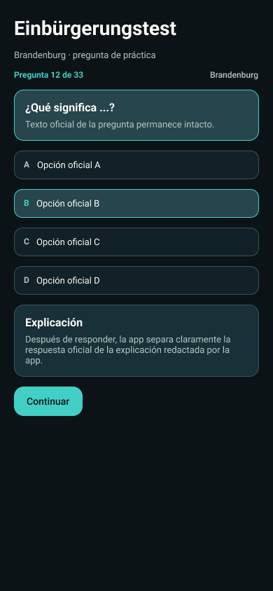 Einbürgerungstest practice screen from the Integration Companion product design