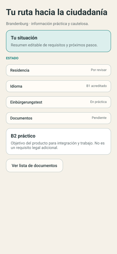 Citizenship status screen from the Integration Companion product design